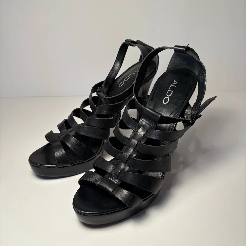 Aldo strappy preppy black stiletto leather heels sz 8
